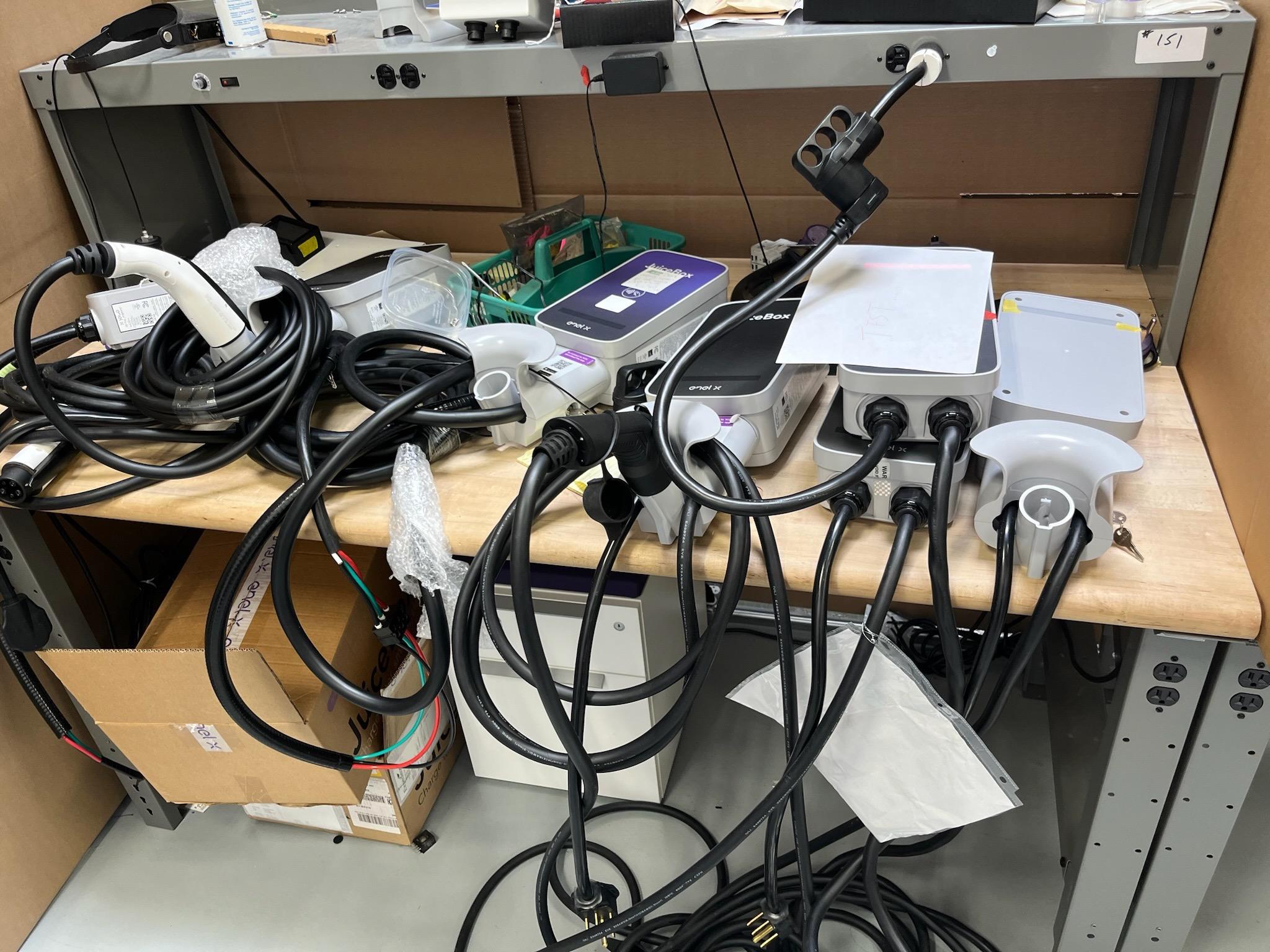 Work Table and Pedistal Cabinet with JuiceBox Chargers (Condition unkown) Parts, & Components