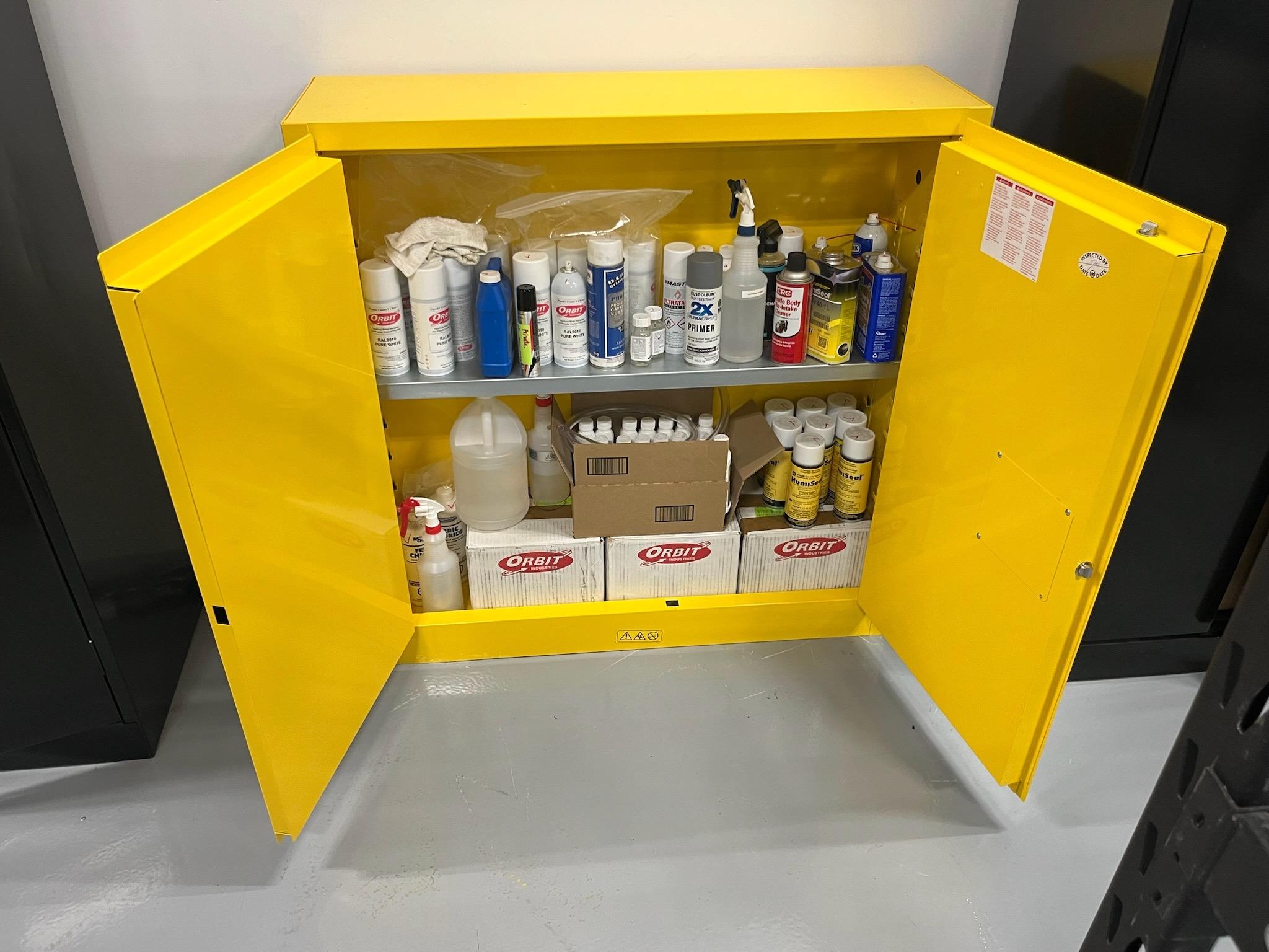 Flammable Liquid Storage Cabinet w/ Spray Paint, Sealers, & Misc.