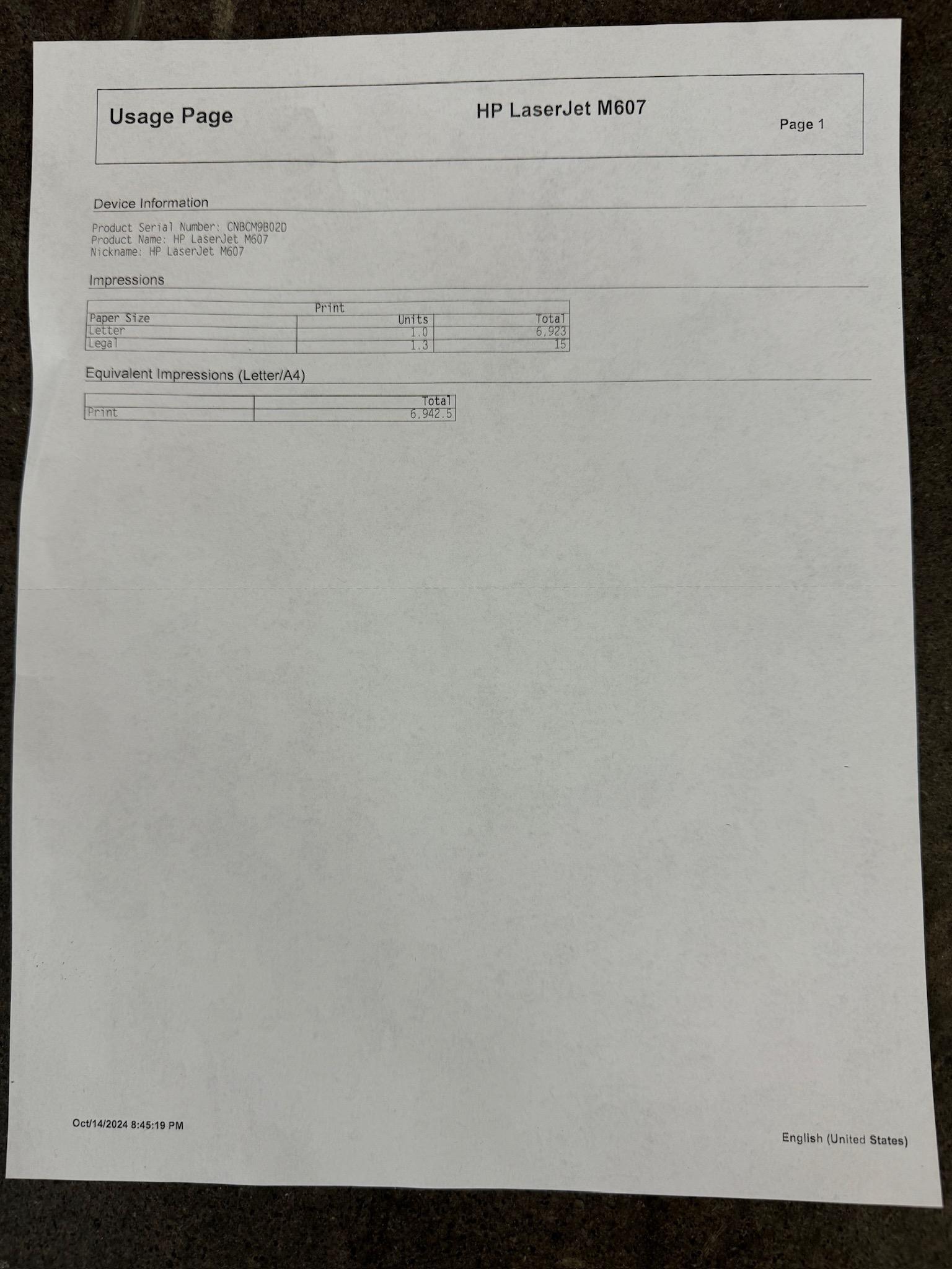 HP LaserJet Enterprise M607 Printer