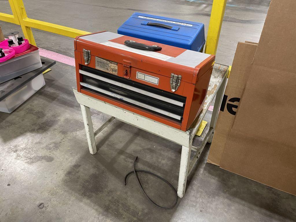 Packing Work Station. 3 work tables, 1 two teir work station, Storage Cabinet, Tool Boxes, all co...