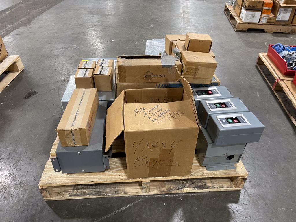 Assorted electrical, supplies boxes and controllers