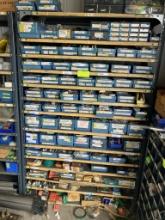 Shelving unit appx. 48"w x 75"h w/ misc. contents - contains bearings, oil seals, washers, etc.