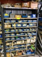 Shelving unit appx. 48"w x 75"h w/ misc. contents - contains fuses, light bulbs, terminals, misc....