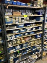 Shelving unit appx. 48"w x 75"h w/ misc. contents - contains sensors, switches, etc.