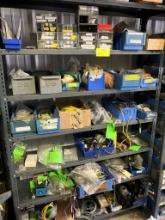Shelving unit appx. 48"w x 75"h w/ misc. contents - contains wiring, cylinder parts, etc.