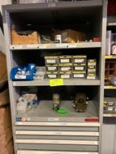 Storage shelf w/ drawers & misc. contents, 78"h x 29"w
