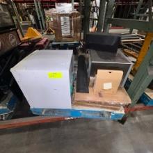 Mixed pallet with microwave, mini fridge, speakers, and holiday hutch