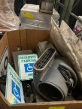 Misc pallet of floor blowers, microwaves, toaster ovens, and parking lot signs