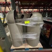 5 tall trashcans with lids, one cigarette butt can