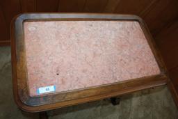 Very Ornate Carved Walnut Table w/Marble Top.