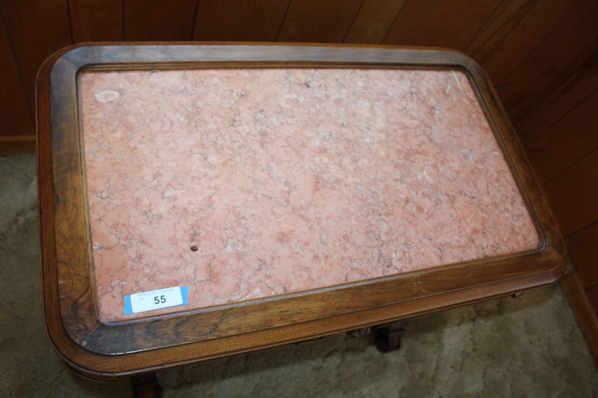 Very Ornate Carved Walnut Table w/Marble Top.