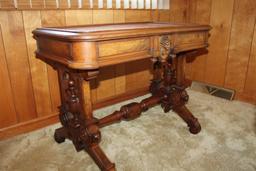Very Ornate Carved Walnut Table w/Marble Top.