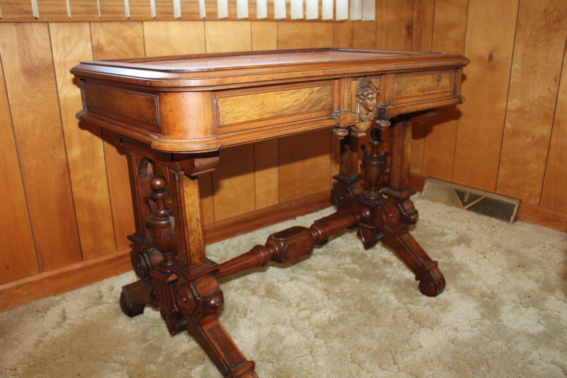 Very Ornate Carved Walnut Table w/Marble Top.