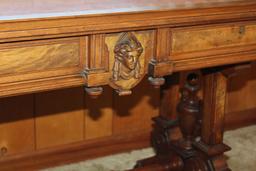 Very Ornate Carved Walnut Table w/Marble Top.
