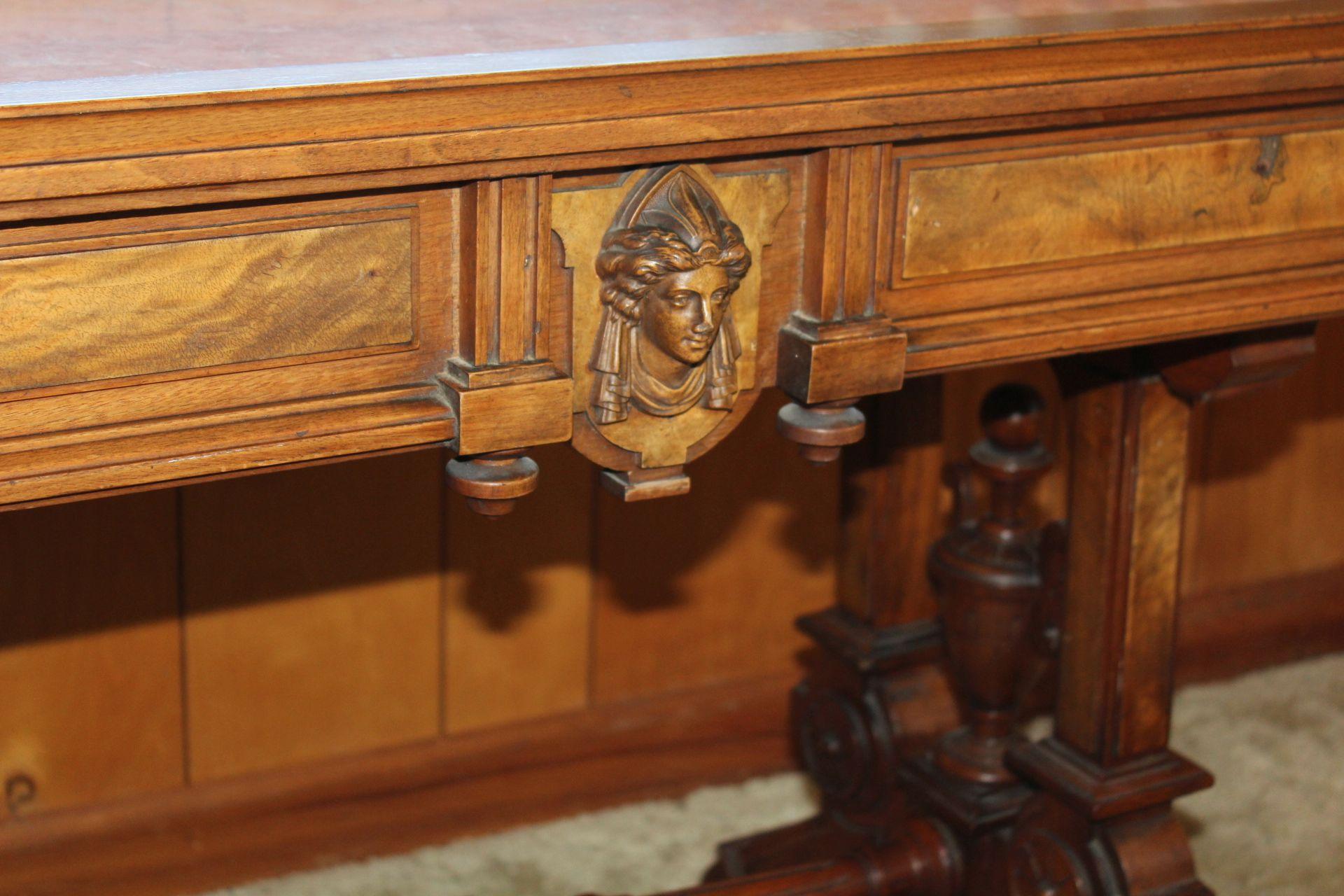 Very Ornate Carved Walnut Table w/Marble Top.