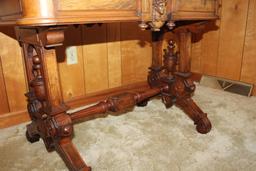 Very Ornate Carved Walnut Table w/Marble Top.