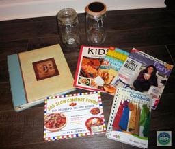 Lot 2 Glass Canisters & Lot of Cookbooks - 1 Cookbook Scrapbook