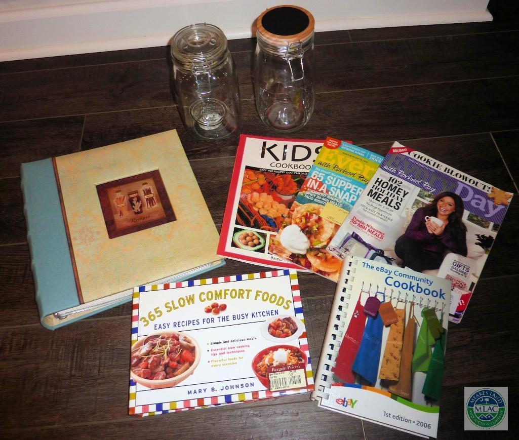 Lot 2 Glass Canisters & Lot of Cookbooks - 1 Cookbook Scrapbook