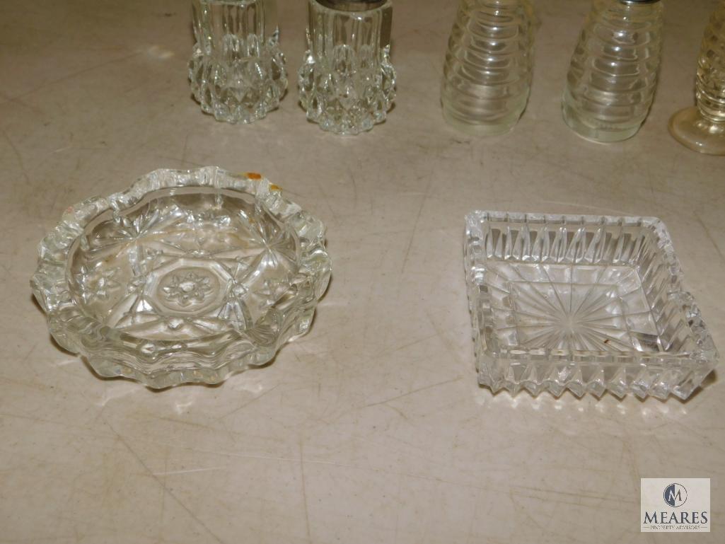 Lot Glass possibly Crystal Salt & Pepper Shakers & Ashtrays
