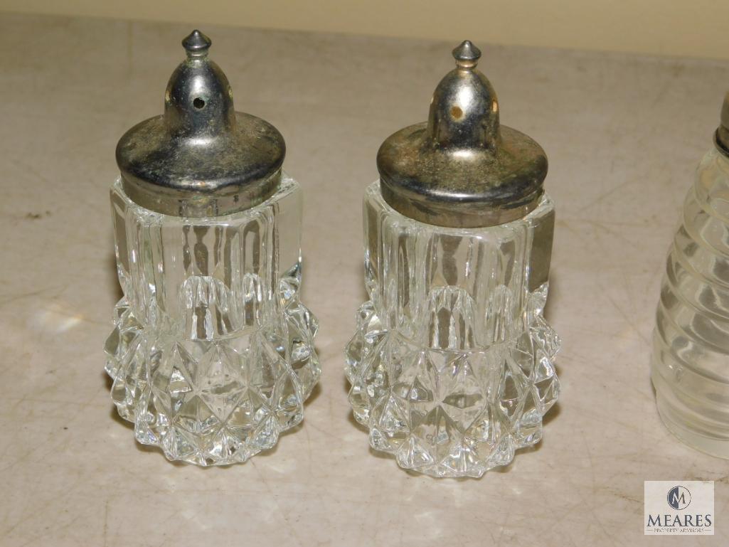 Lot Glass possibly Crystal Salt & Pepper Shakers & Ashtrays