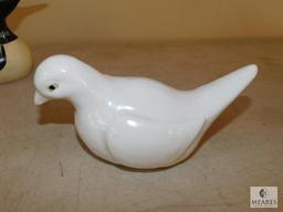 Lot Pair White Ceramic Doves & Wood Carved Duck