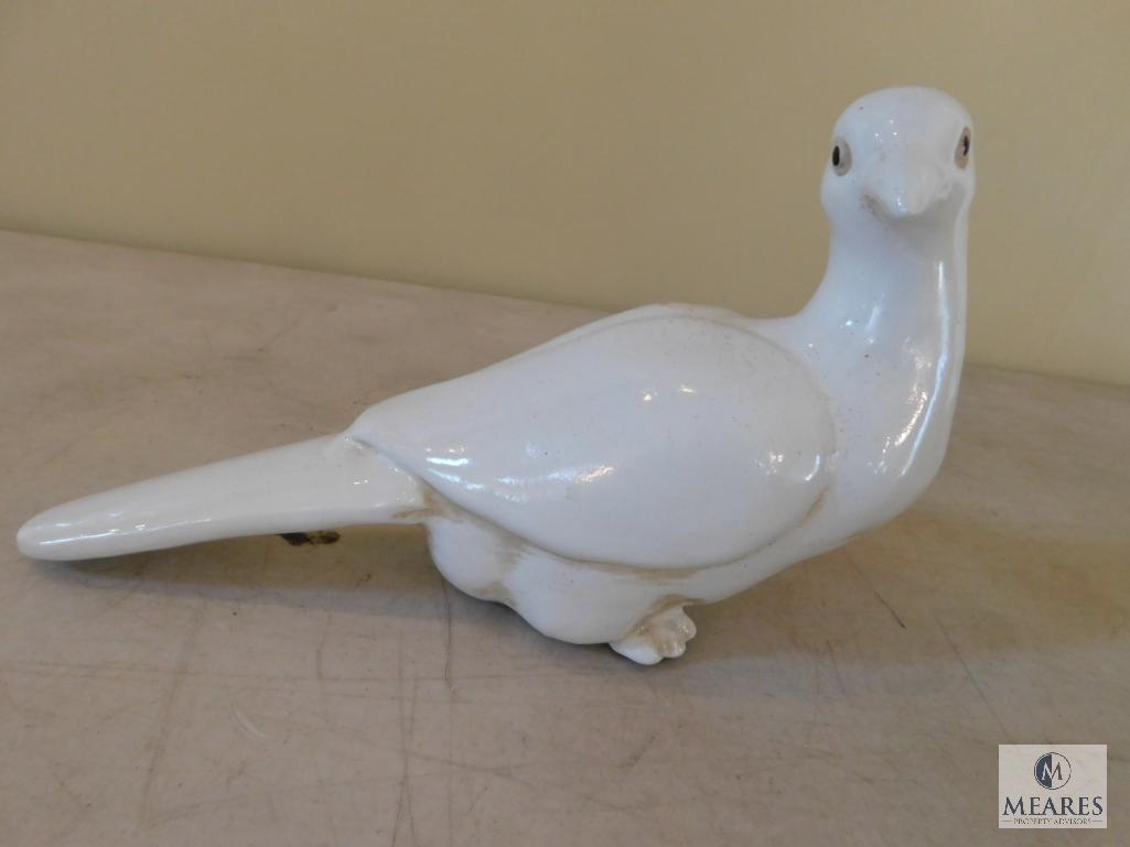 Lot Pair White Ceramic Doves & Wood Carved Duck