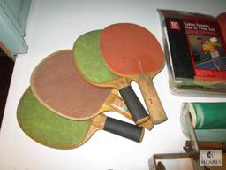 Large Lot Ping Pong Paddles, Balls, Net and Brackets + New Wilson Post Set