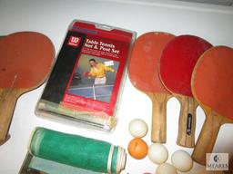 Large Lot Ping Pong Paddles, Balls, Net and Brackets + New Wilson Post Set