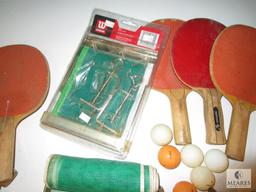 Large Lot Ping Pong Paddles, Balls, Net and Brackets + New Wilson Post Set