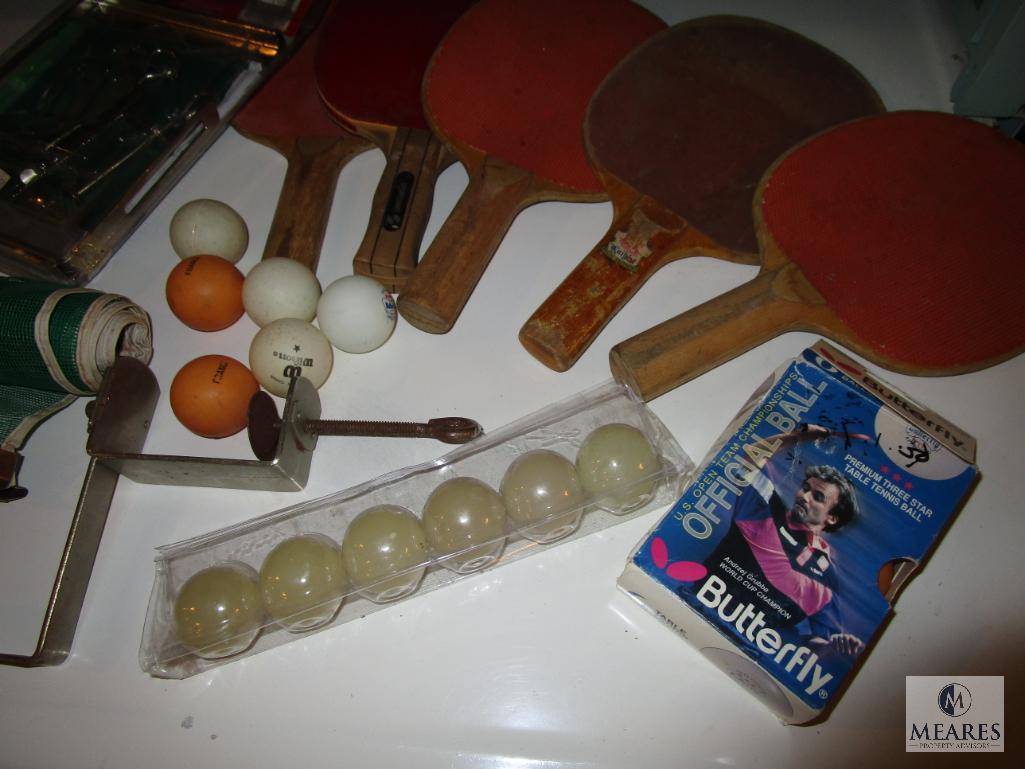 Large Lot Ping Pong Paddles, Balls, Net and Brackets + New Wilson Post Set