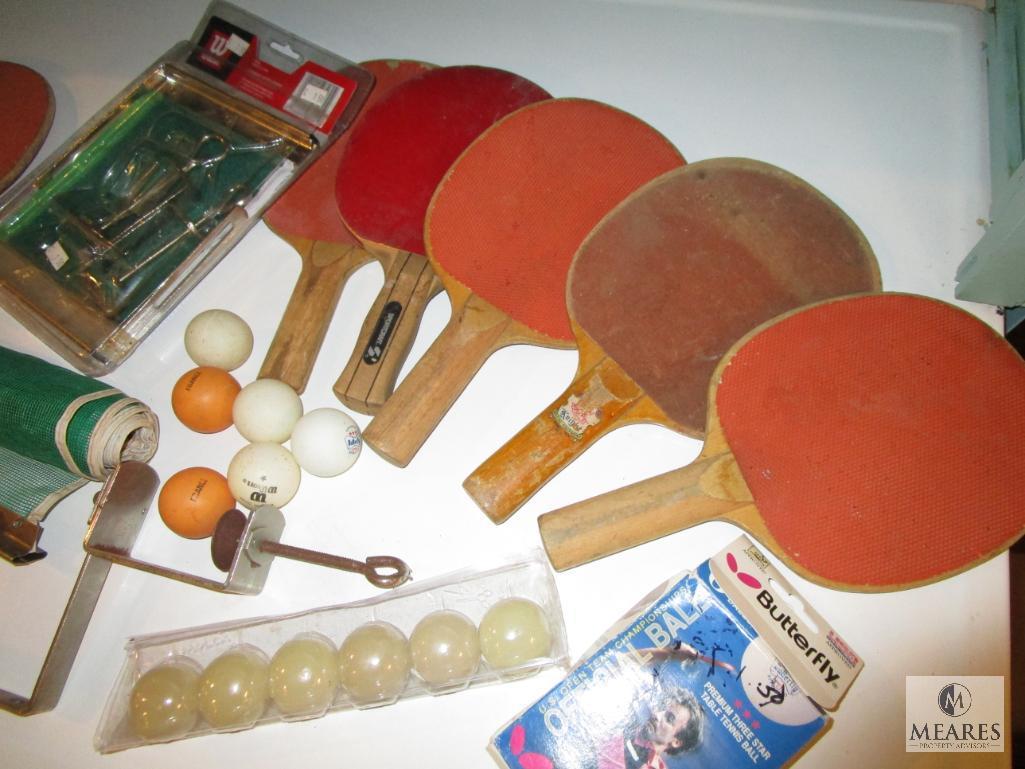 Large Lot Ping Pong Paddles, Balls, Net and Brackets + New Wilson Post Set