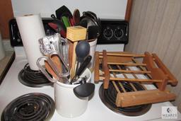 Kitchen Utensil Holders with Contents: Spatulas, Spoons, Whisks, ETC
