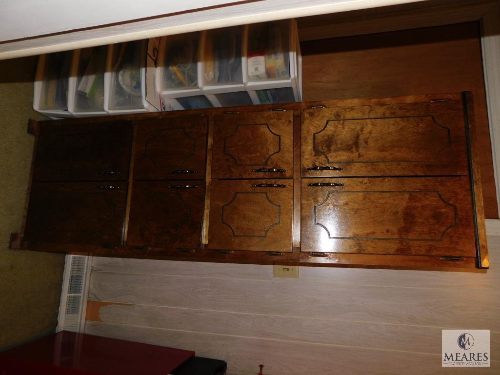 Wooden 4-Door Cabinet and Contents: SOS Pads, Gorilla Glue, Elmers Glue, Nails, Engine Oil,