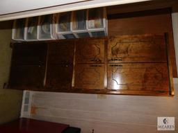 Wooden 4-Door Cabinet and Contents: SOS Pads, Gorilla Glue, Elmers Glue, Nails, Engine Oil,