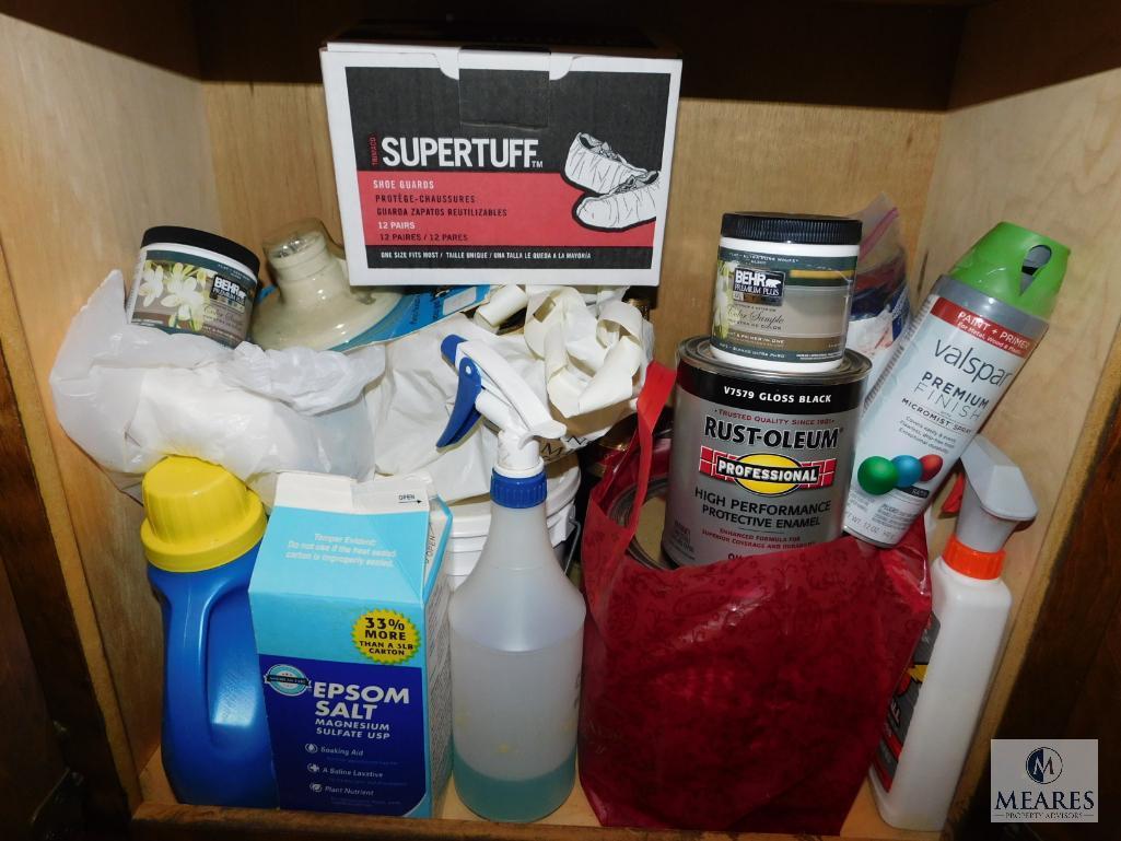 Wooden 4-Door Cabinet and Contents: SOS Pads, Gorilla Glue, Elmers Glue, Nails, Engine Oil,