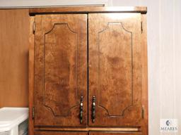 Wooden 4-Door Cabinet and Contents: SOS Pads, Gorilla Glue, Elmers Glue, Nails, Engine Oil,