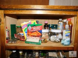 Wooden 4-Door Cabinet and Contents: SOS Pads, Gorilla Glue, Elmers Glue, Nails, Engine Oil,