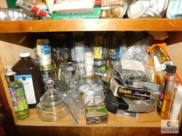 Wooden 4-Door Cabinet and Contents: SOS Pads, Gorilla Glue, Elmers Glue, Nails, Engine Oil,
