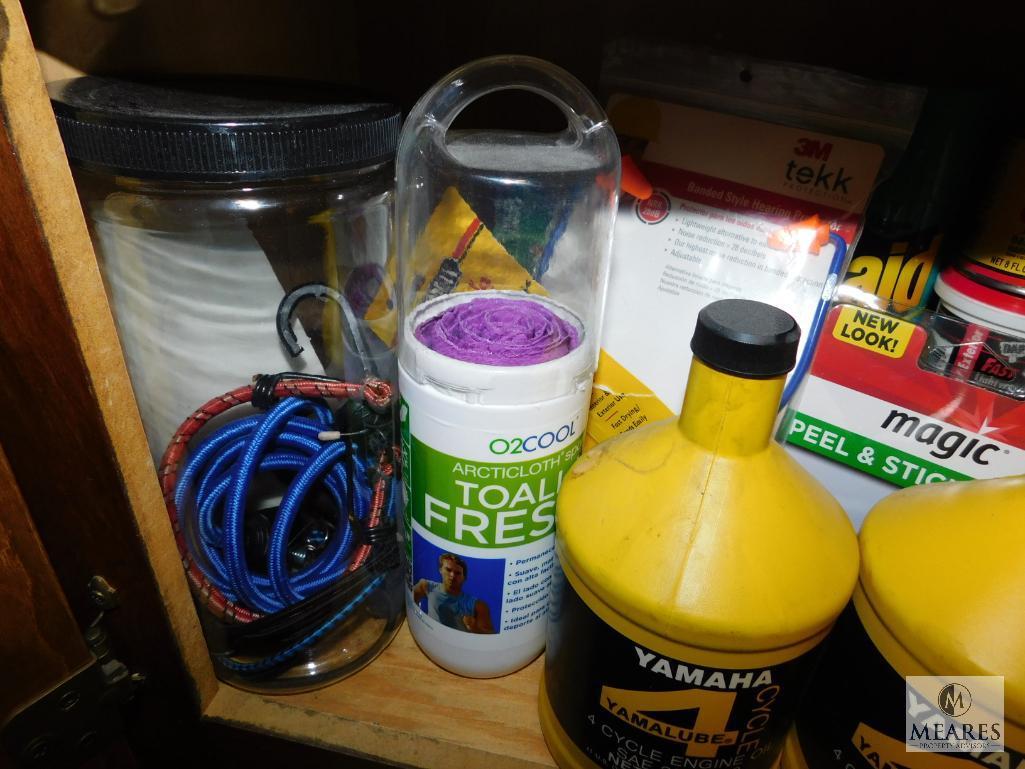 Wooden 4-Door Cabinet and Contents: SOS Pads, Gorilla Glue, Elmers Glue, Nails, Engine Oil,