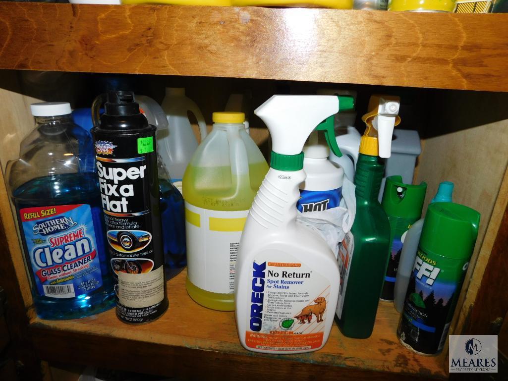 Wooden 4-Door Cabinet and Contents: SOS Pads, Gorilla Glue, Elmers Glue, Nails, Engine Oil,