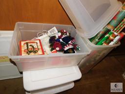Lot of Assorted Christmas Trinkets, Wrapping Paper, and Two Empty Totes