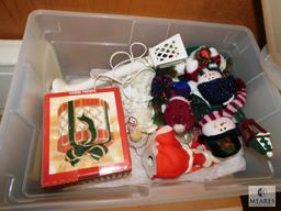 Lot of Assorted Christmas Trinkets, Wrapping Paper, and Two Empty Totes