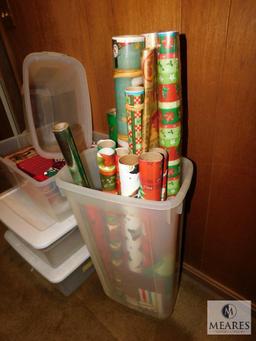 Lot of Assorted Christmas Trinkets, Wrapping Paper, and Two Empty Totes