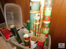 Lot of Assorted Christmas Trinkets, Wrapping Paper, and Two Empty Totes