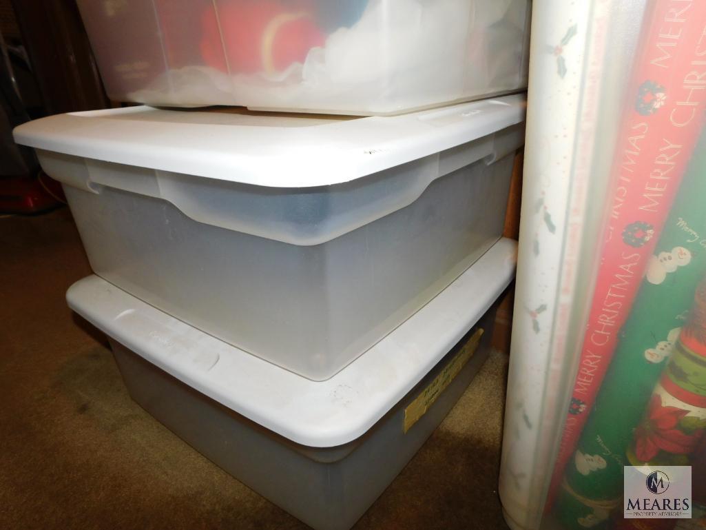 Lot of Assorted Christmas Trinkets, Wrapping Paper, and Two Empty Totes