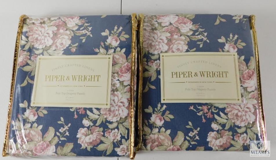 Lot 4 New Piper & Wright Pole Top Drapery Panels 41"x84" Blue Floral pattern