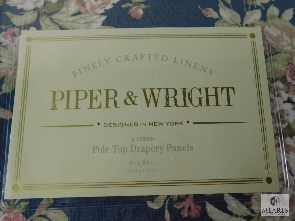 Lot 4 New Piper & Wright Pole Top Drapery Panels 41"x84" Blue Floral pattern