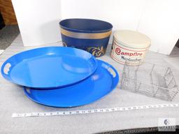 Lot of Assorted Buckets, Campfire Marshmallows Can, Trays, Serving Trays, Decorative Trays