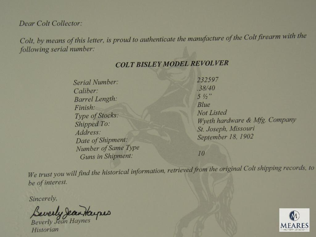 1902 Colt Bisley Model .38 WCF Revolver with Colt Archive Letter