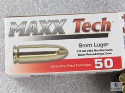 50 rounds 9mm Maxxtech ammo. 115 grain FMJ. Brass case reloadable